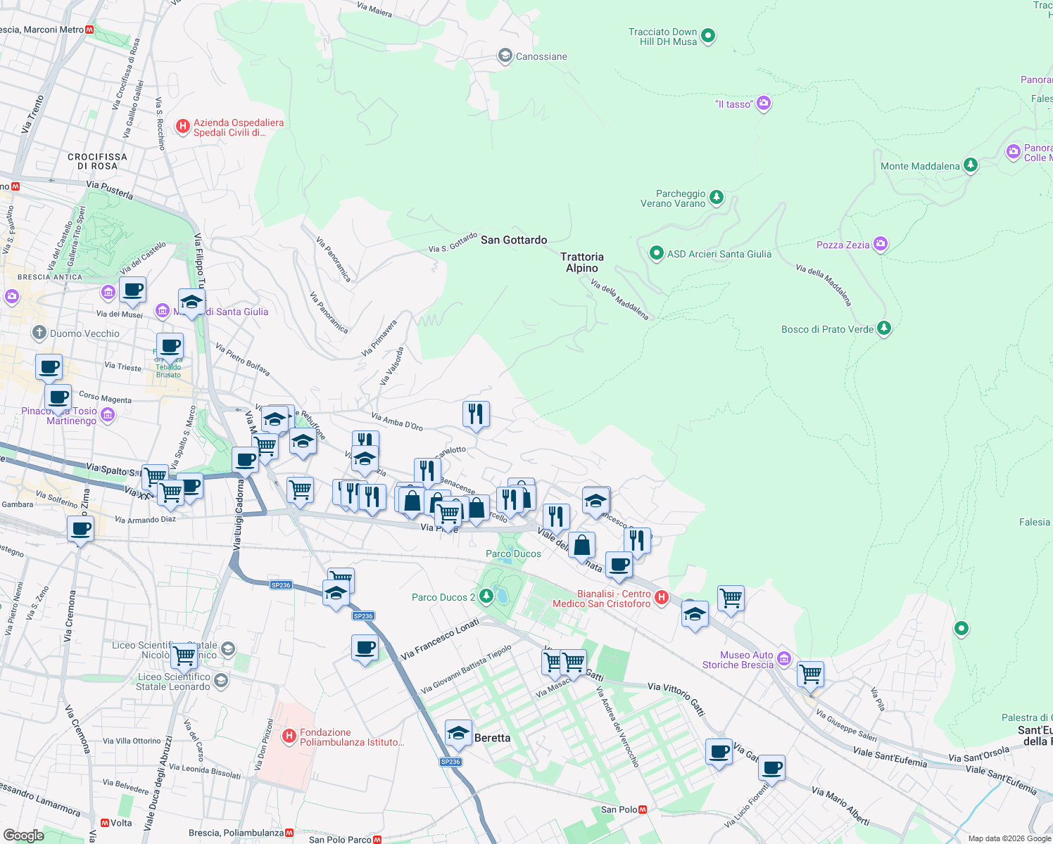 map of restaurants, bars, coffee shops, grocery stores, and more near 6 Via Mediana in Brescia