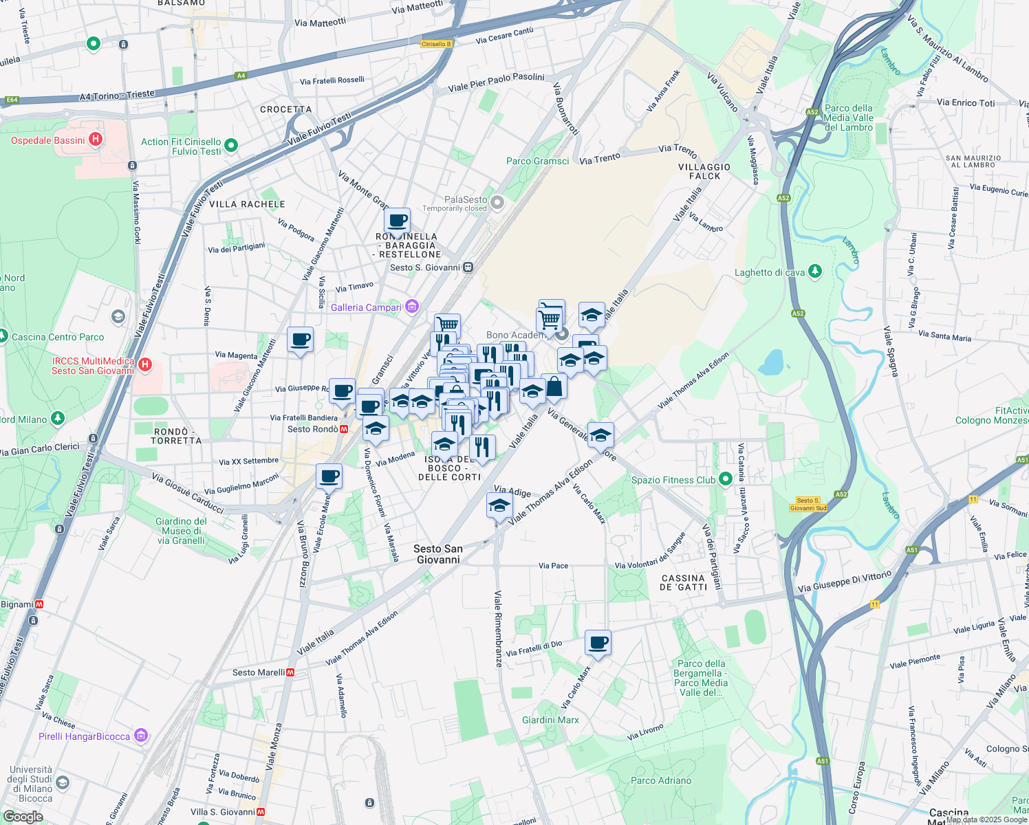 map of restaurants, bars, coffee shops, grocery stores, and more near 125 Via Puricelli Guerra in Sesto San Giovanni