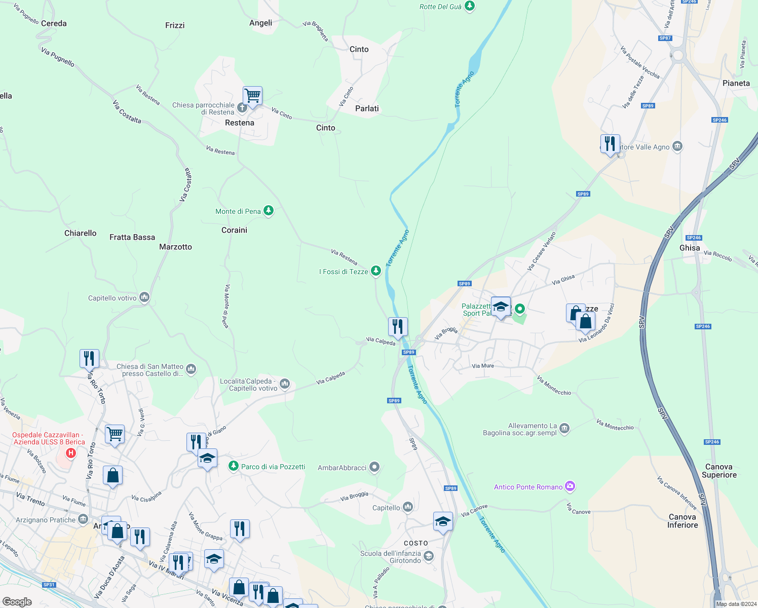 map of restaurants, bars, coffee shops, grocery stores, and more near 13 Via Restena in Provincia di Vicenza