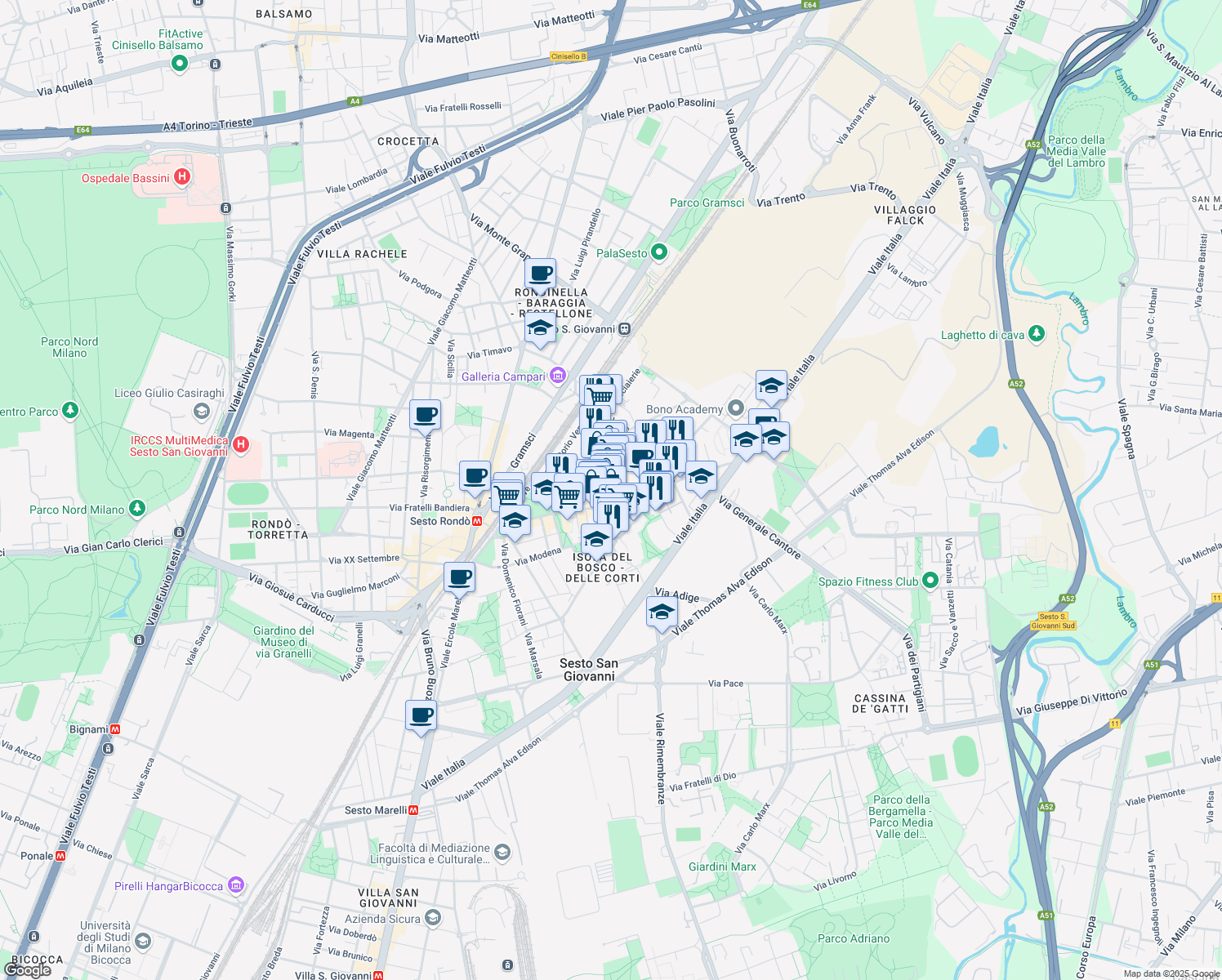 map of restaurants, bars, coffee shops, grocery stores, and more near 56 Via Dante Alighieri in Sesto San Giovanni