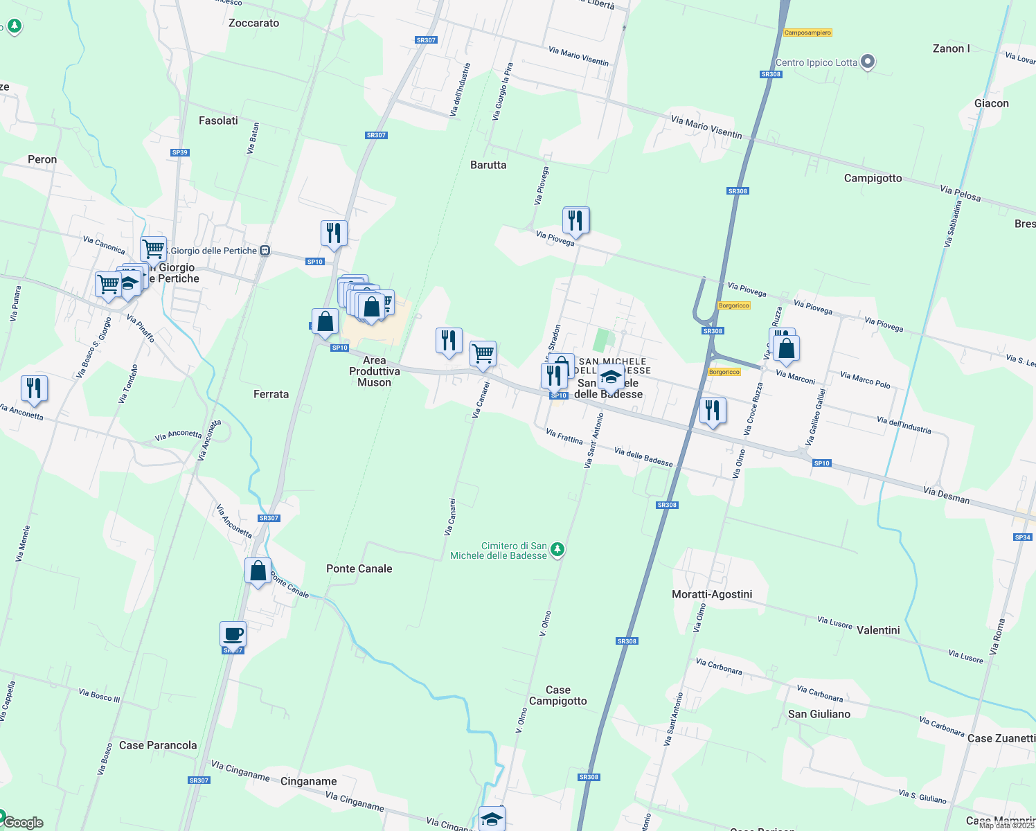 map of restaurants, bars, coffee shops, grocery stores, and more near 471 Via Desman in San Michele delle Badesse
