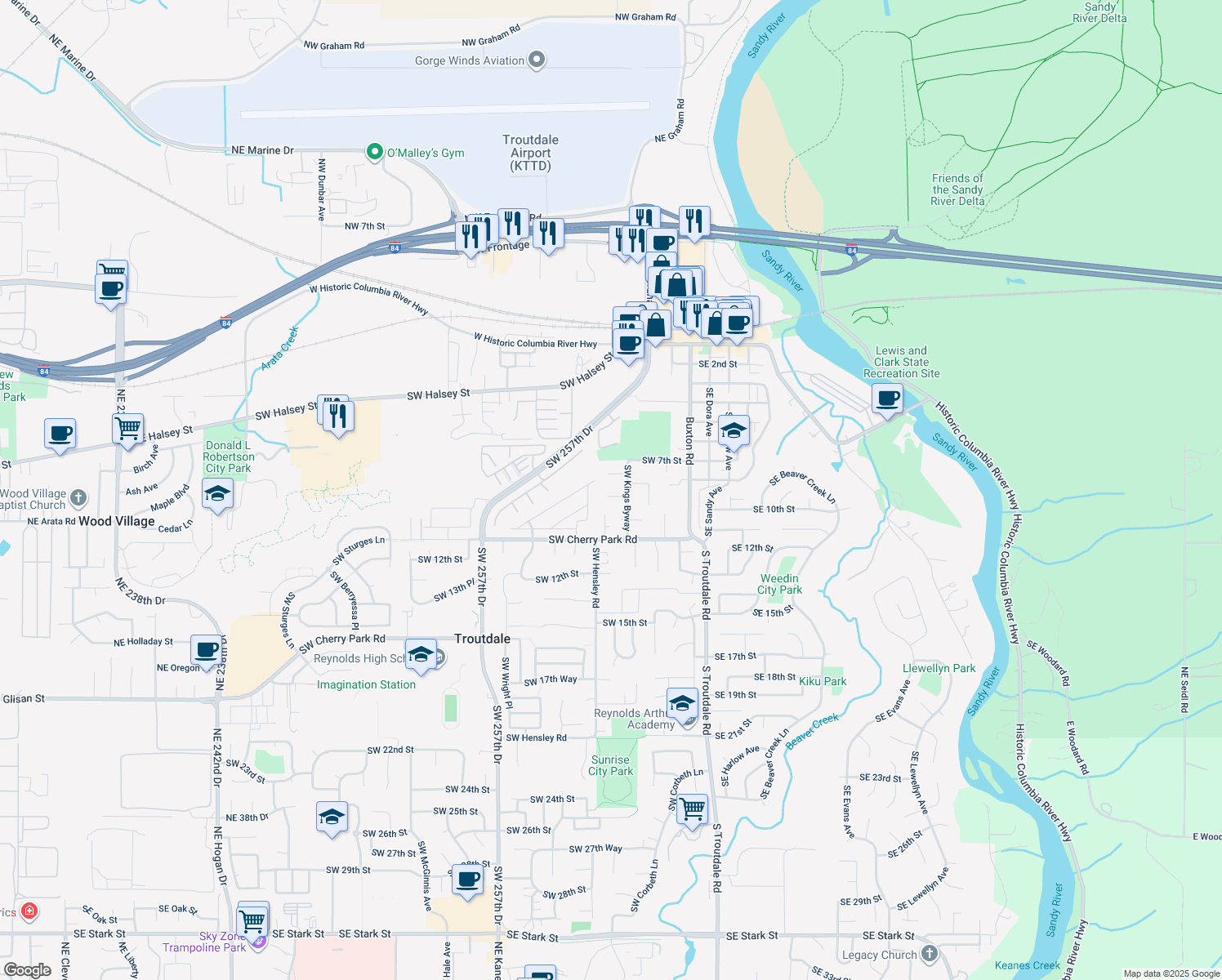 map of restaurants, bars, coffee shops, grocery stores, and more near 503 SW 9th Cir in Troutdale