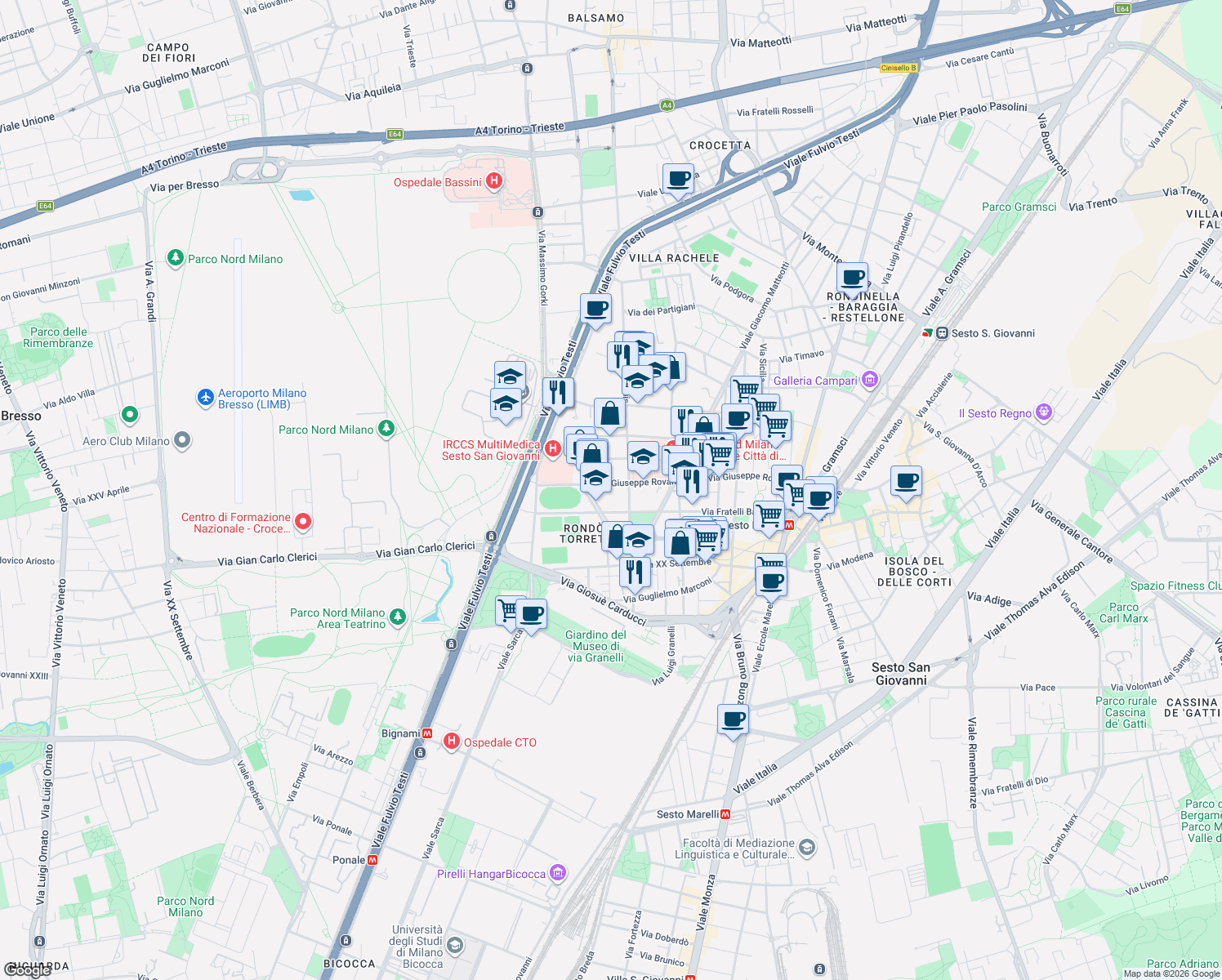 map of restaurants, bars, coffee shops, grocery stores, and more near 311 Via Giuseppe Rovani in Sesto San Giovanni