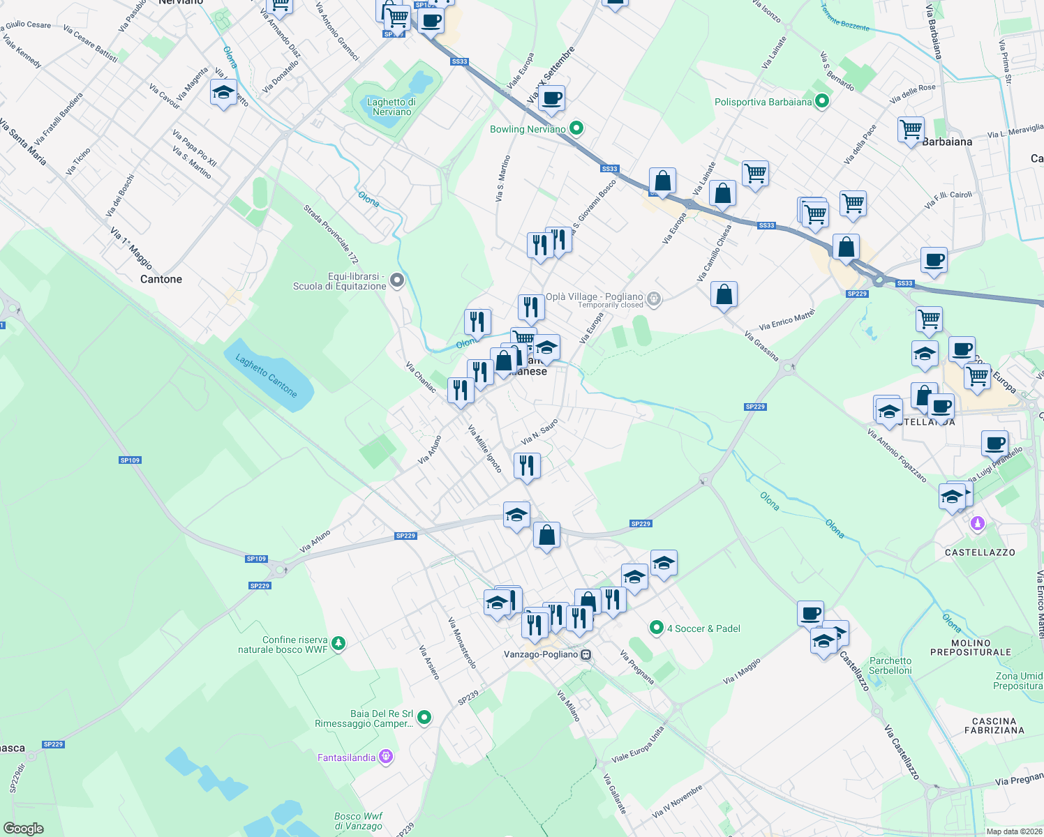 map of restaurants, bars, coffee shops, grocery stores, and more near Via Dante Alighieri in Pogliano Milanese