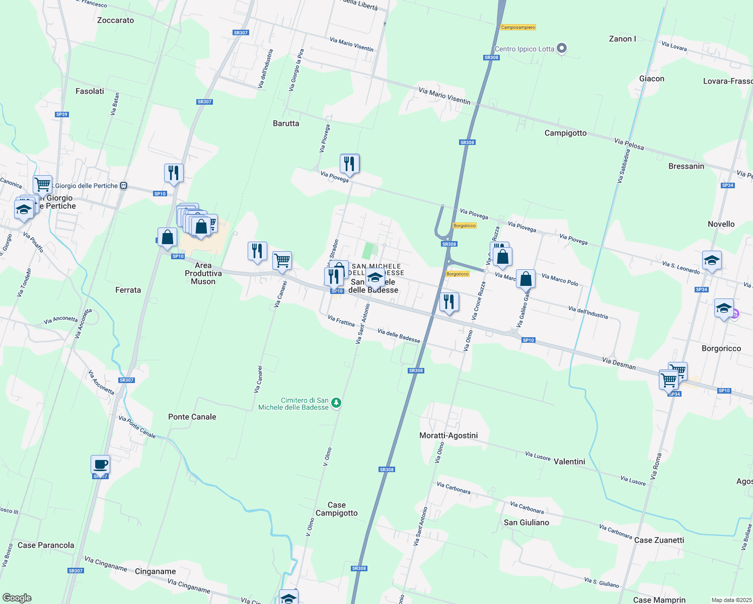 map of restaurants, bars, coffee shops, grocery stores, and more near 421 Via Desman in Borgoricco
