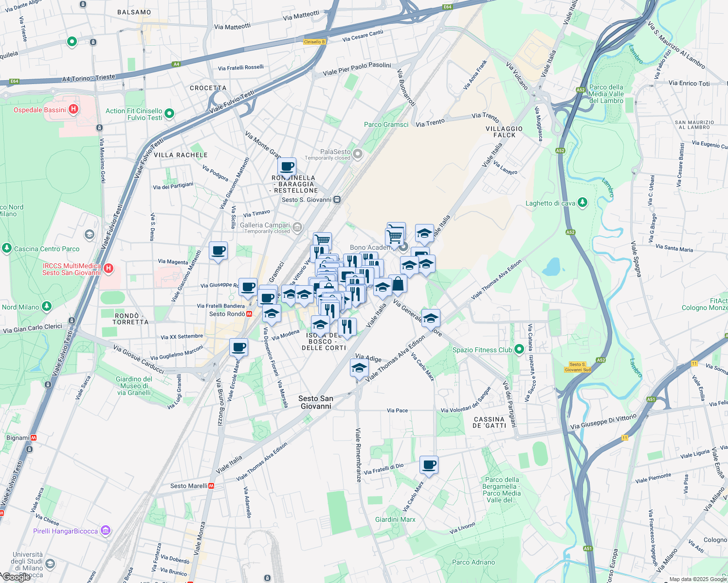 map of restaurants, bars, coffee shops, grocery stores, and more near 125 Via Puricelli Guerra in Sesto San Giovanni