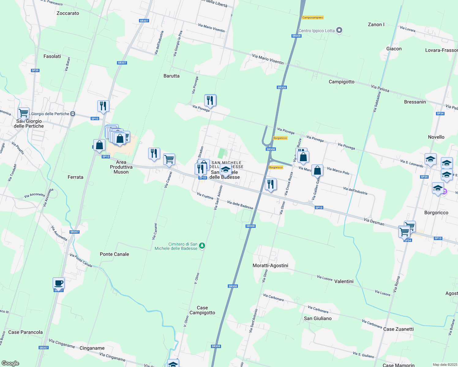 map of restaurants, bars, coffee shops, grocery stores, and more near 421 Via Desman in Borgoricco