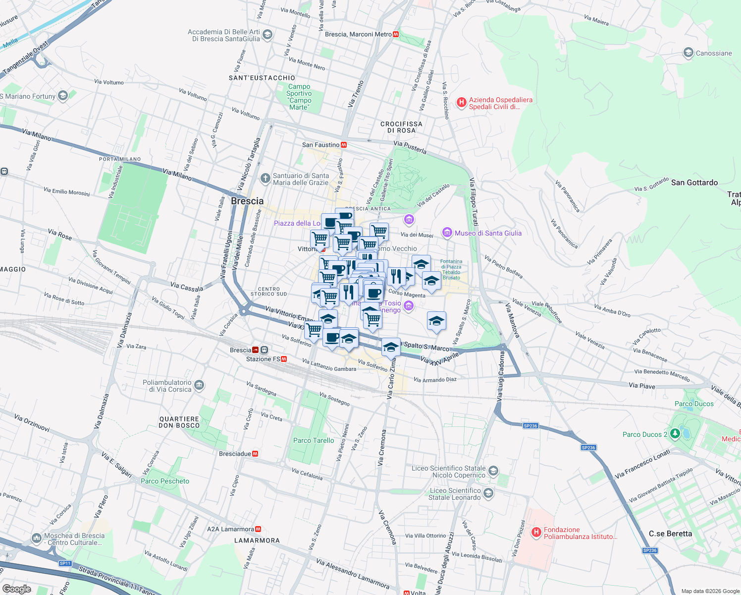 map of restaurants, bars, coffee shops, grocery stores, and more near 10 Vicolo del Prezzemolo in Brescia
