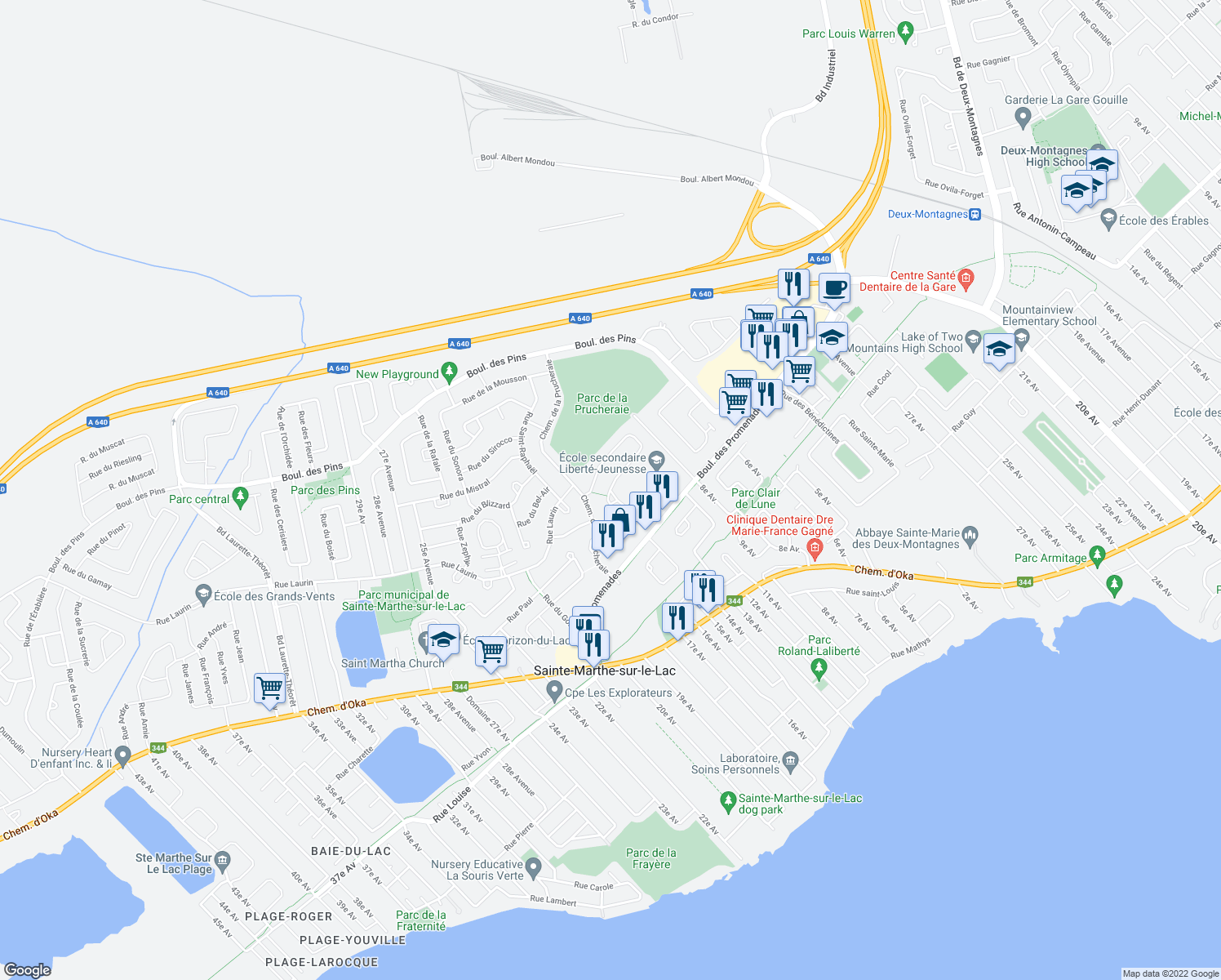 map of restaurants, bars, coffee shops, grocery stores, and more near Rue de la Tourbière in Sainte-Marthe-sur-le-Lac