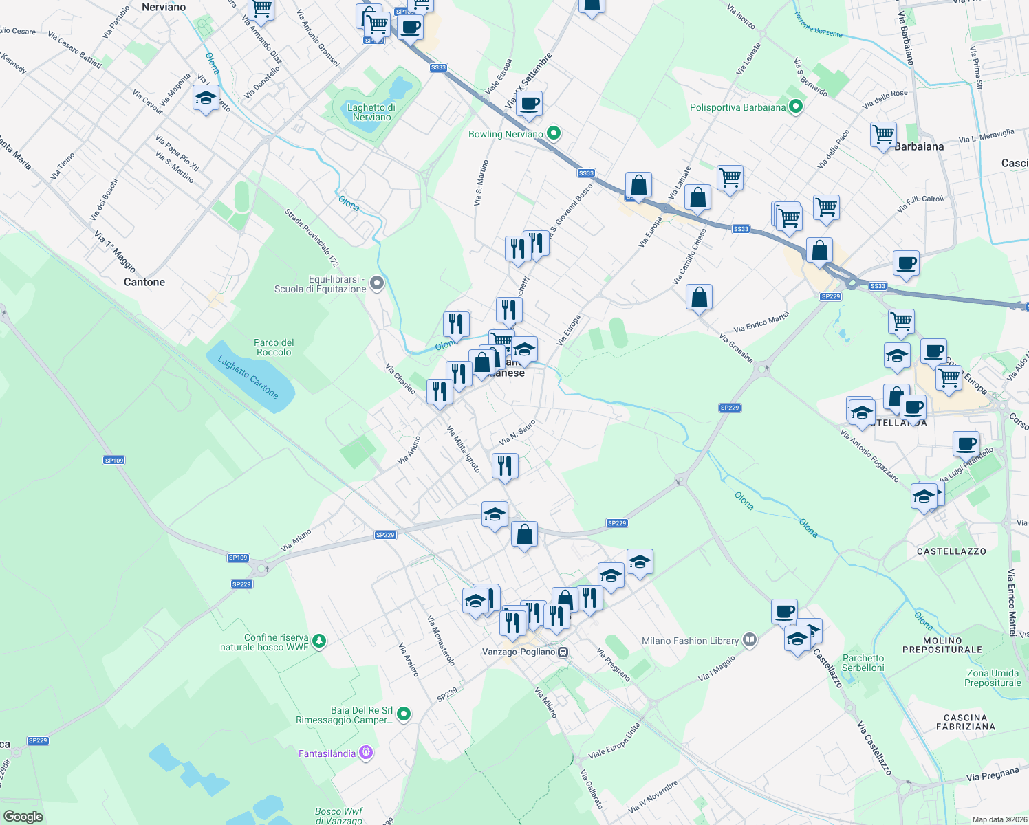 map of restaurants, bars, coffee shops, grocery stores, and more near Via Dante Alighieri in Pogliano Milanese