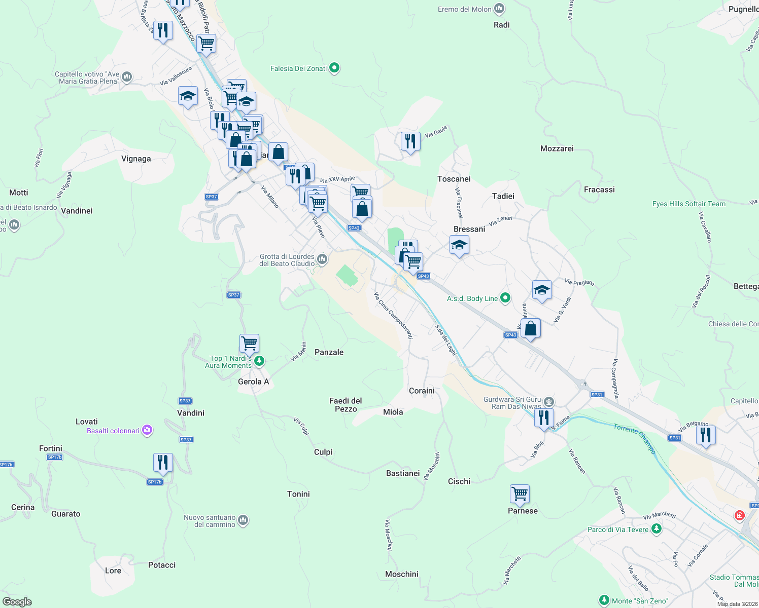 map of restaurants, bars, coffee shops, grocery stores, and more near 49 Via Cima Carega in Chiampo