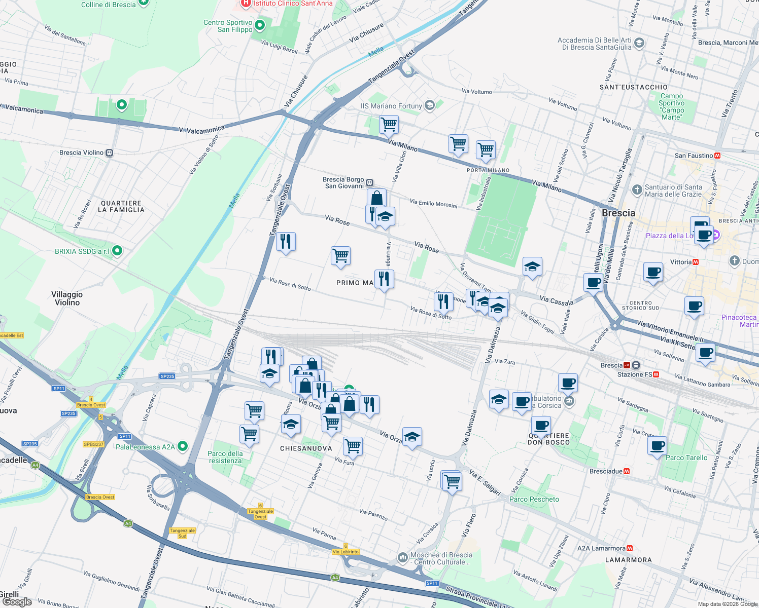 map of restaurants, bars, coffee shops, grocery stores, and more near 243-253 Via Rose di Sotto in Brescia