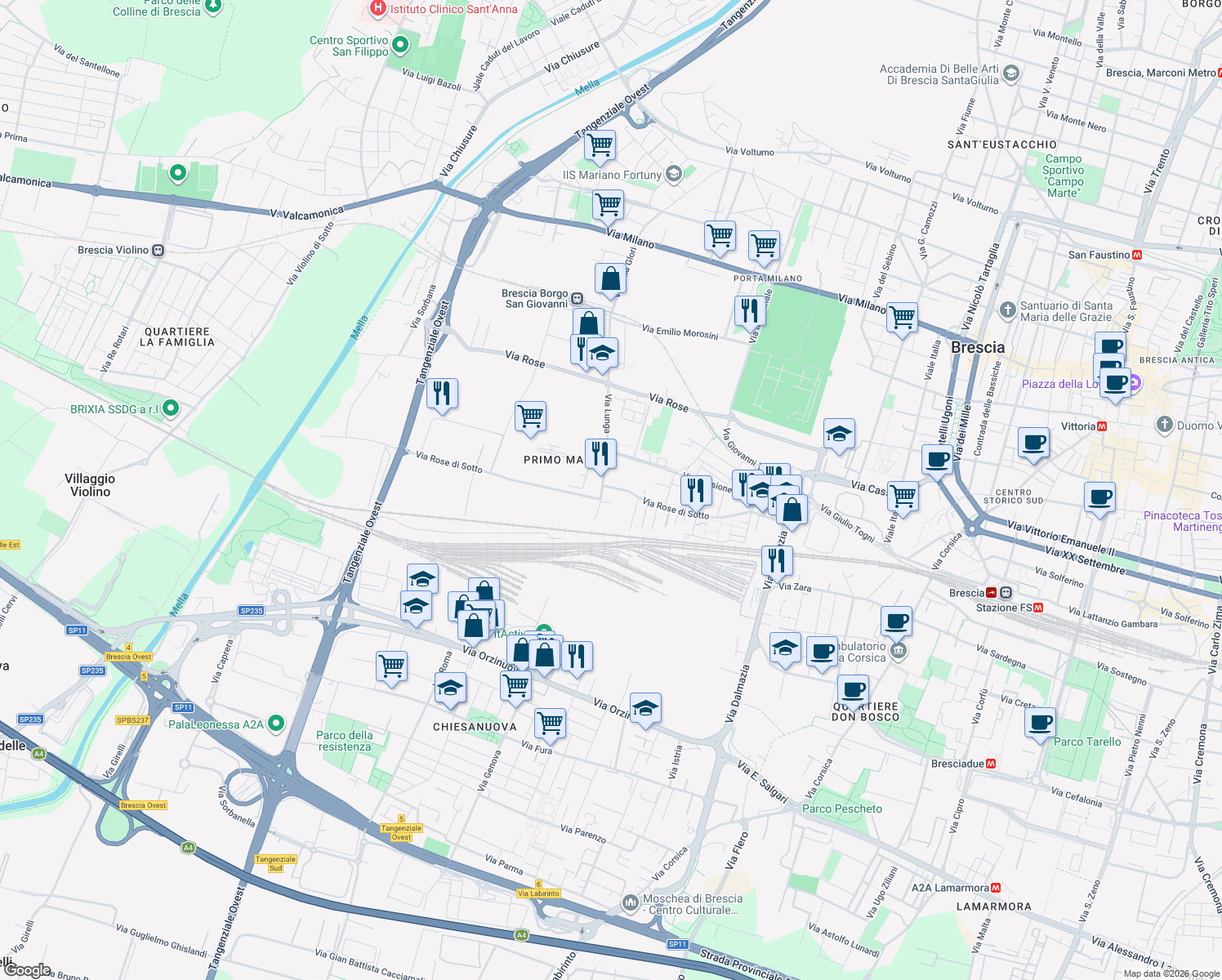 map of restaurants, bars, coffee shops, grocery stores, and more near 253 Via Rose di Sotto in Brescia