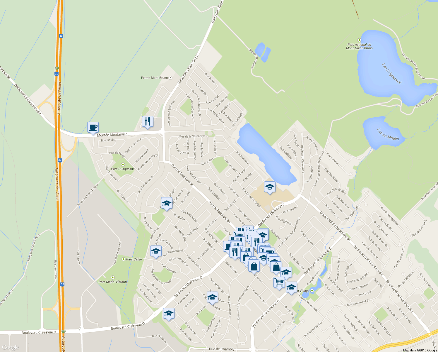 map of restaurants, bars, coffee shops, grocery stores, and more near 1000 Rue Goyer in Saint-Bruno-de-Montarville