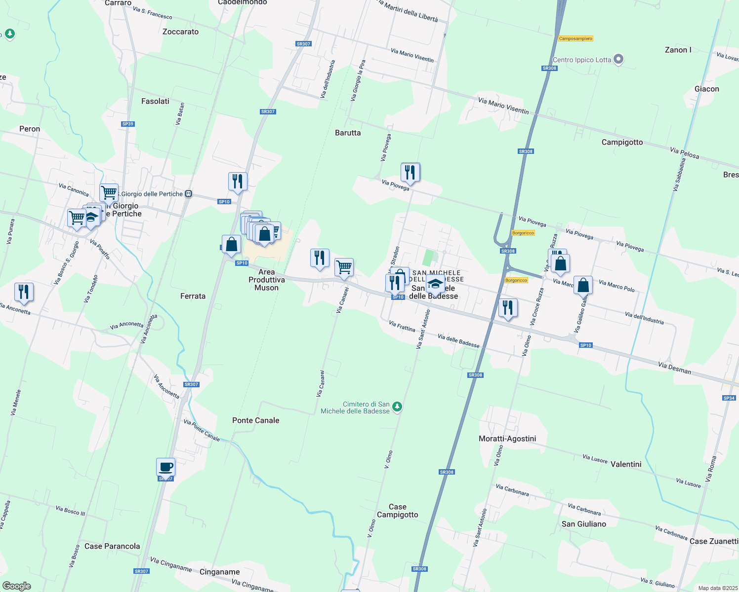 map of restaurants, bars, coffee shops, grocery stores, and more near 471 Via Desman in San Michele delle Badesse