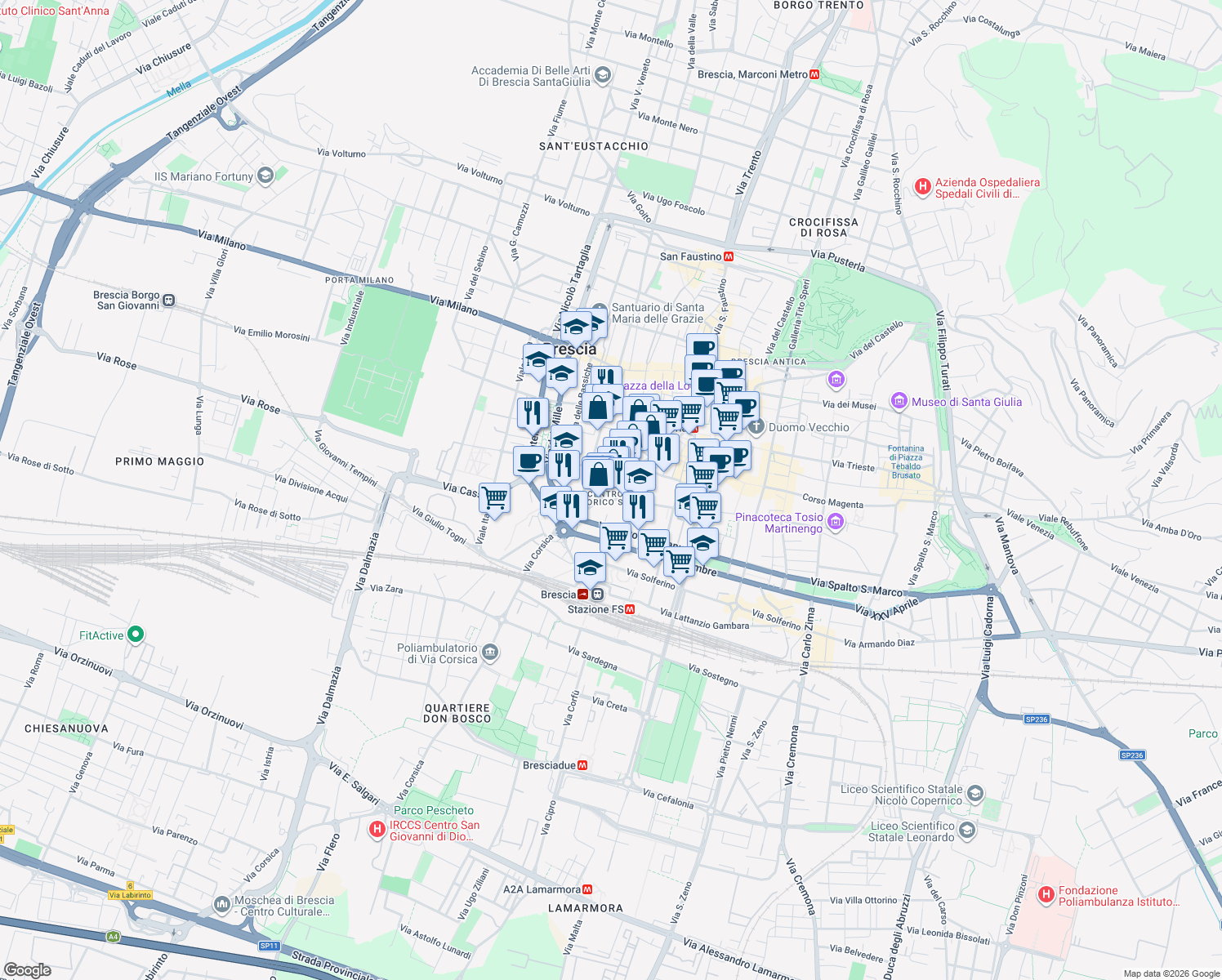map of restaurants, bars, coffee shops, grocery stores, and more near 5 Via Fratelli Bronzetti in Brescia