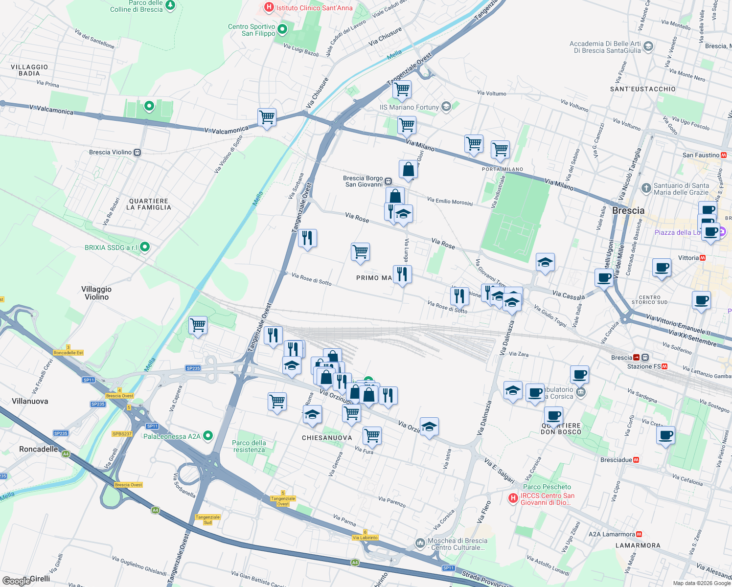 map of restaurants, bars, coffee shops, grocery stores, and more near 16A Via Lunga in Brescia
