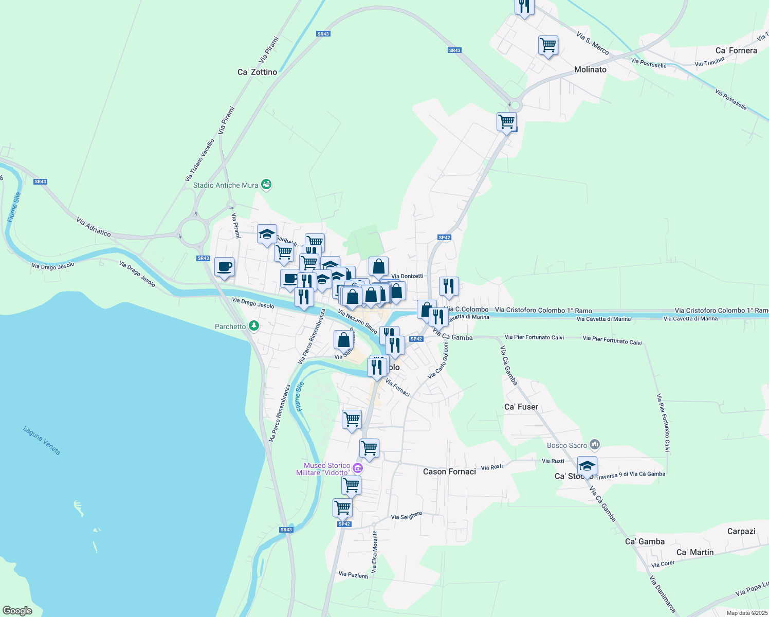 map of restaurants, bars, coffee shops, grocery stores, and more near 83 Via Cesare Battisti in Jesolo