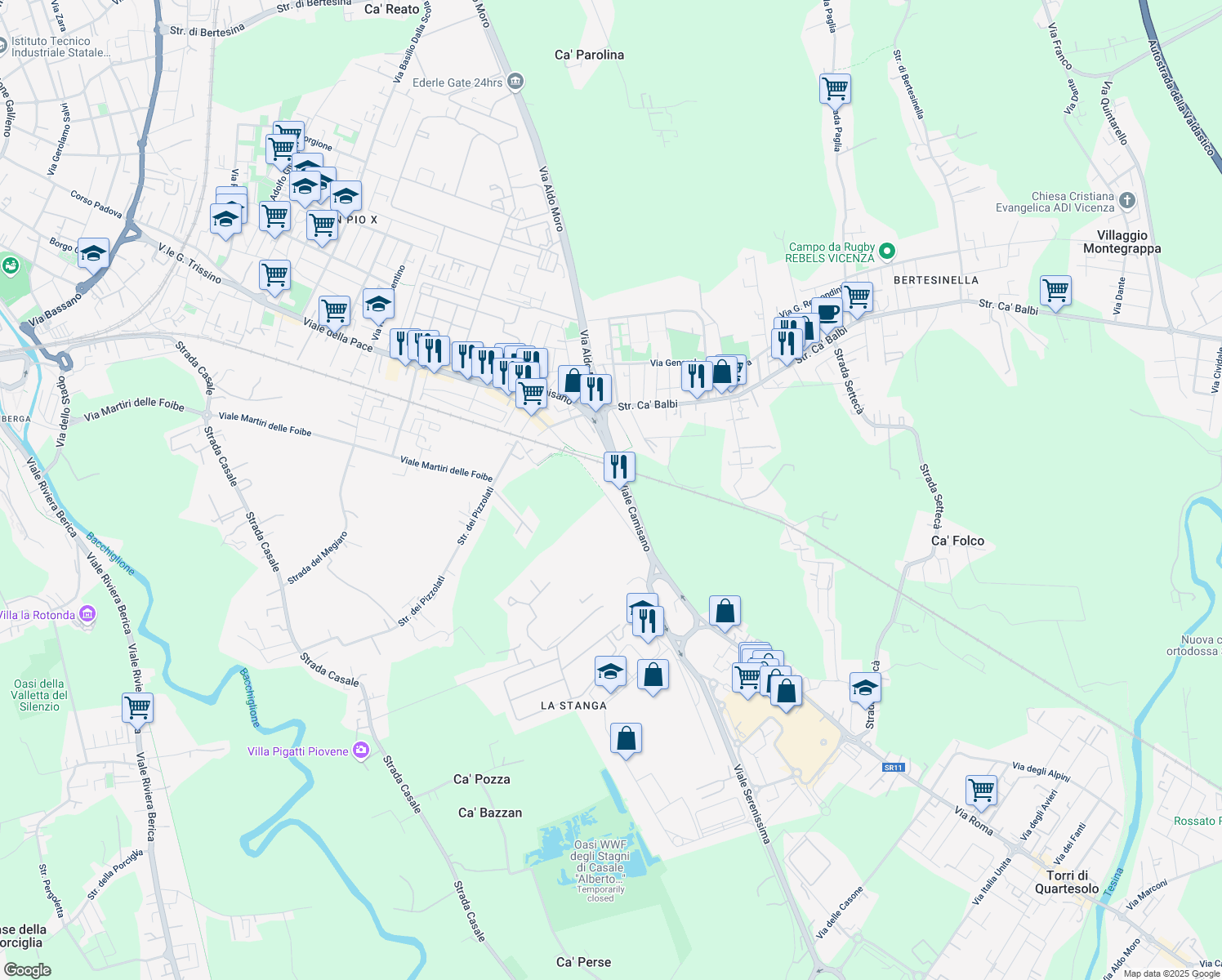 map of restaurants, bars, coffee shops, grocery stores, and more near 18 Strada della Caimpenta in Vicenza