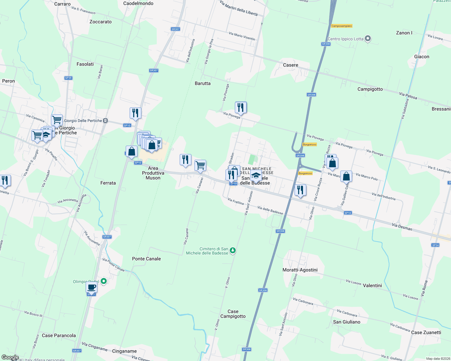 map of restaurants, bars, coffee shops, grocery stores, and more near 372 Via Desman in Borgoricco