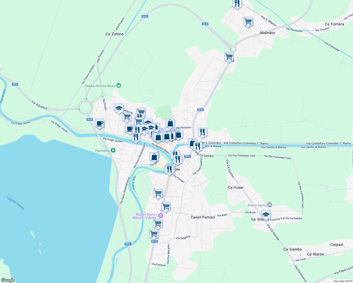 map of restaurants, bars, coffee shops, grocery stores, and more near 83 Via Cesare Battisti in Jesolo