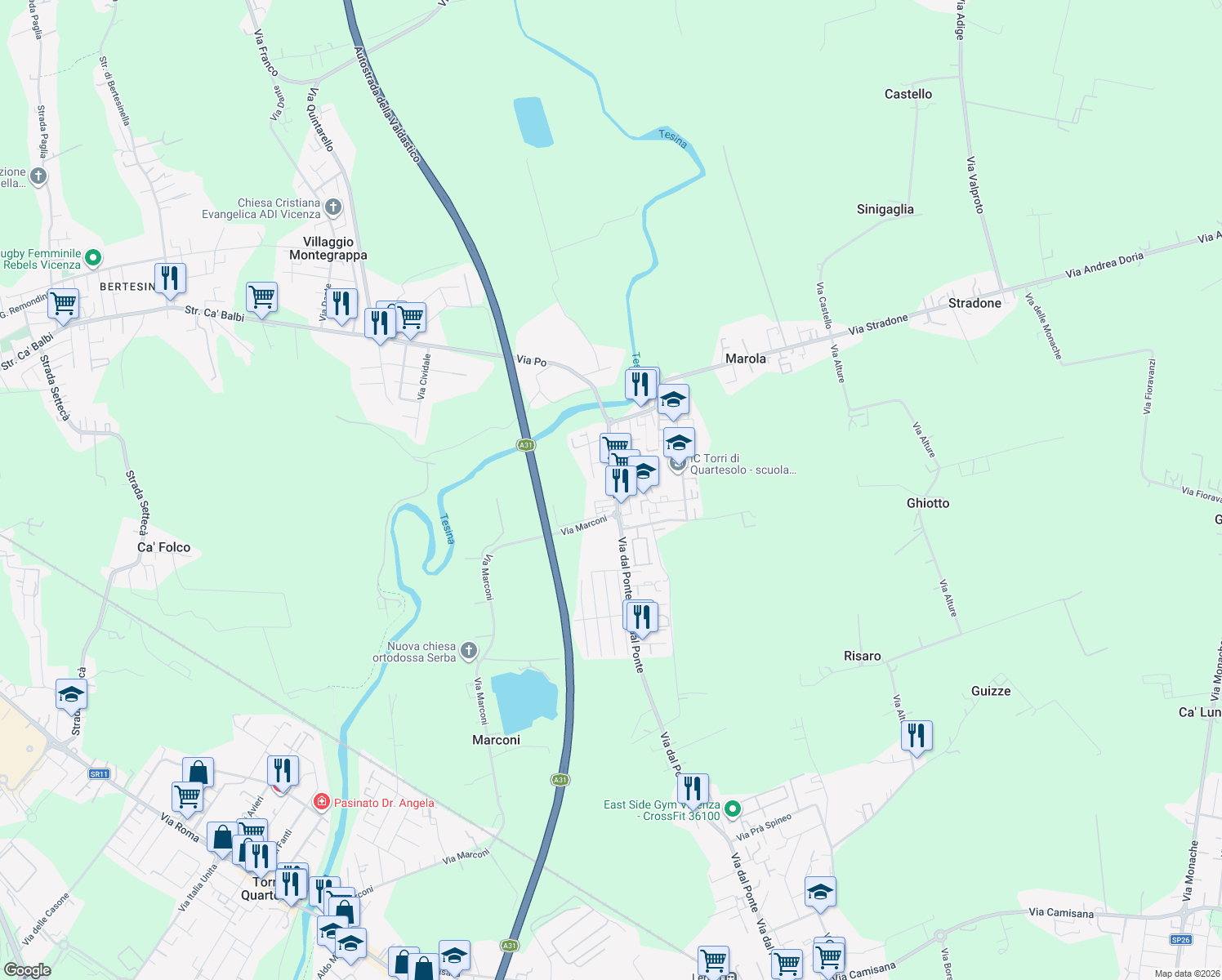 map of restaurants, bars, coffee shops, grocery stores, and more near 191 Via dal Ponte in Marola