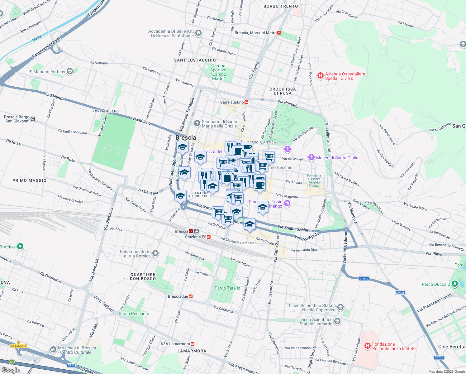 map of restaurants, bars, coffee shops, grocery stores, and more near 1 Vicolo del Carro in Brescia