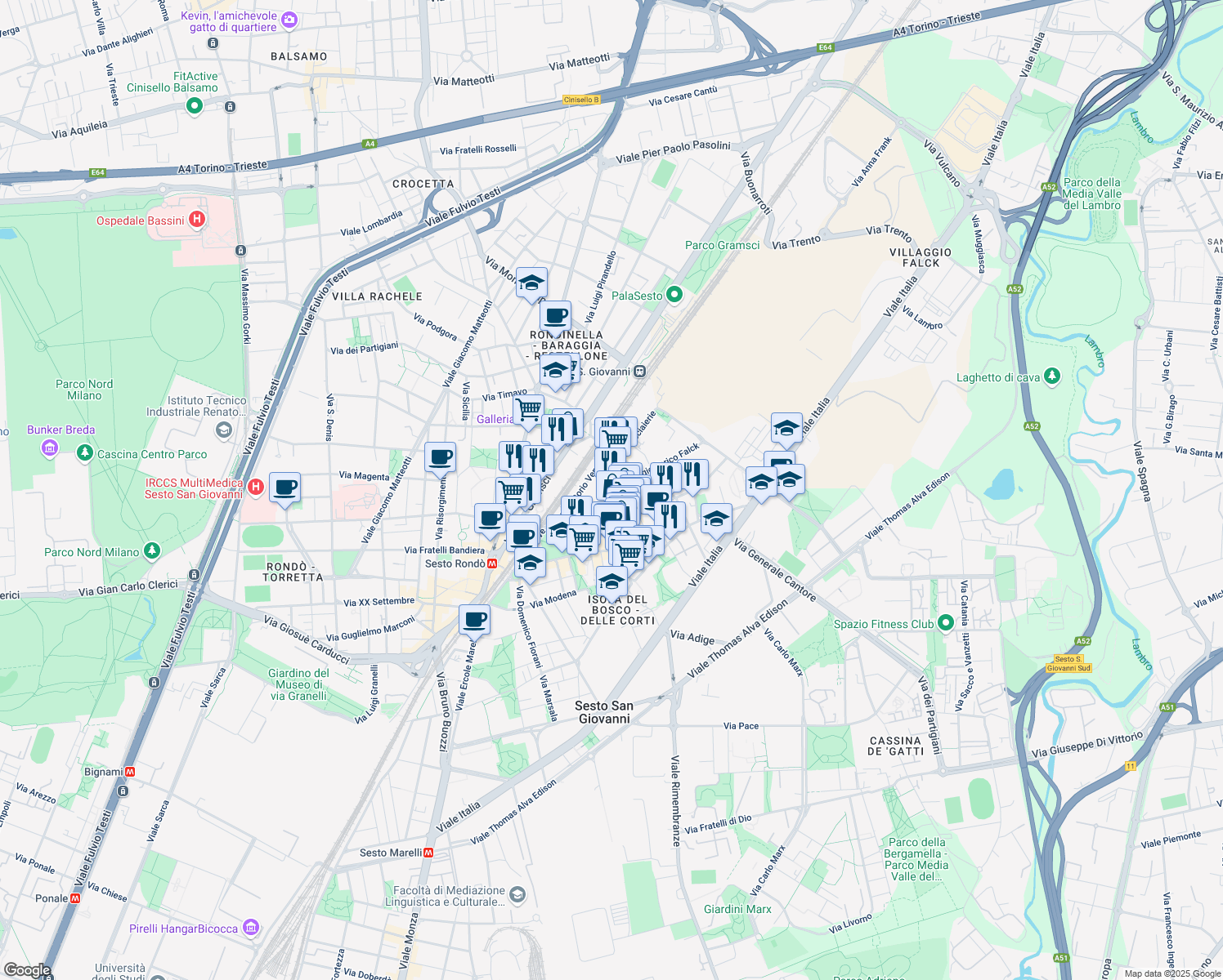 map of restaurants, bars, coffee shops, grocery stores, and more near 4 Via Giorgio Enrico Falck in Sesto San Giovanni