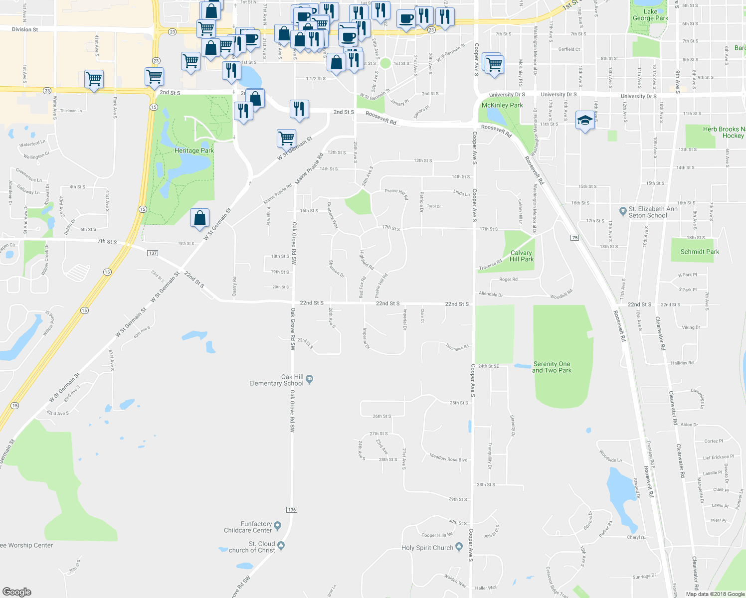 map of restaurants, bars, coffee shops, grocery stores, and more near 2109 Prairie Hill Road in St. Cloud