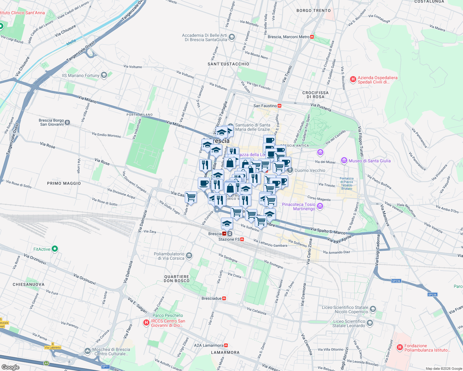 map of restaurants, bars, coffee shops, grocery stores, and more near 5 Via Fratelli Bronzetti in Brescia