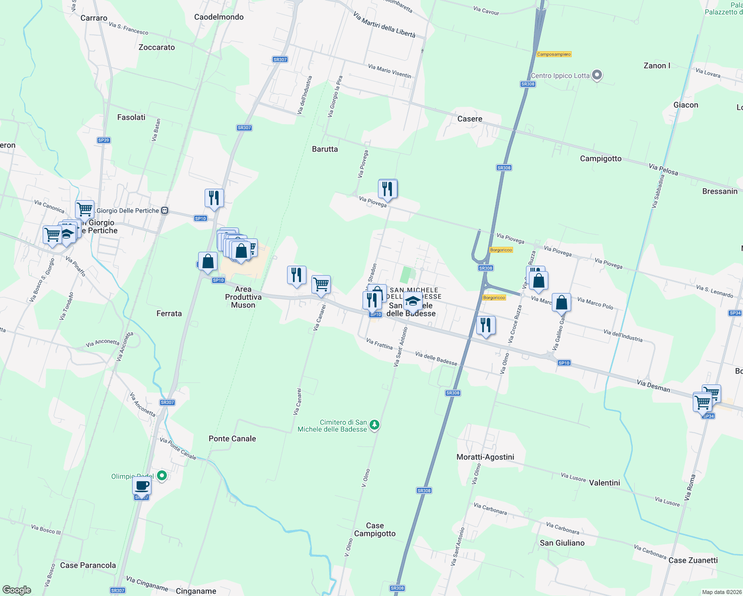map of restaurants, bars, coffee shops, grocery stores, and more near 372 Via Desman in Borgoricco