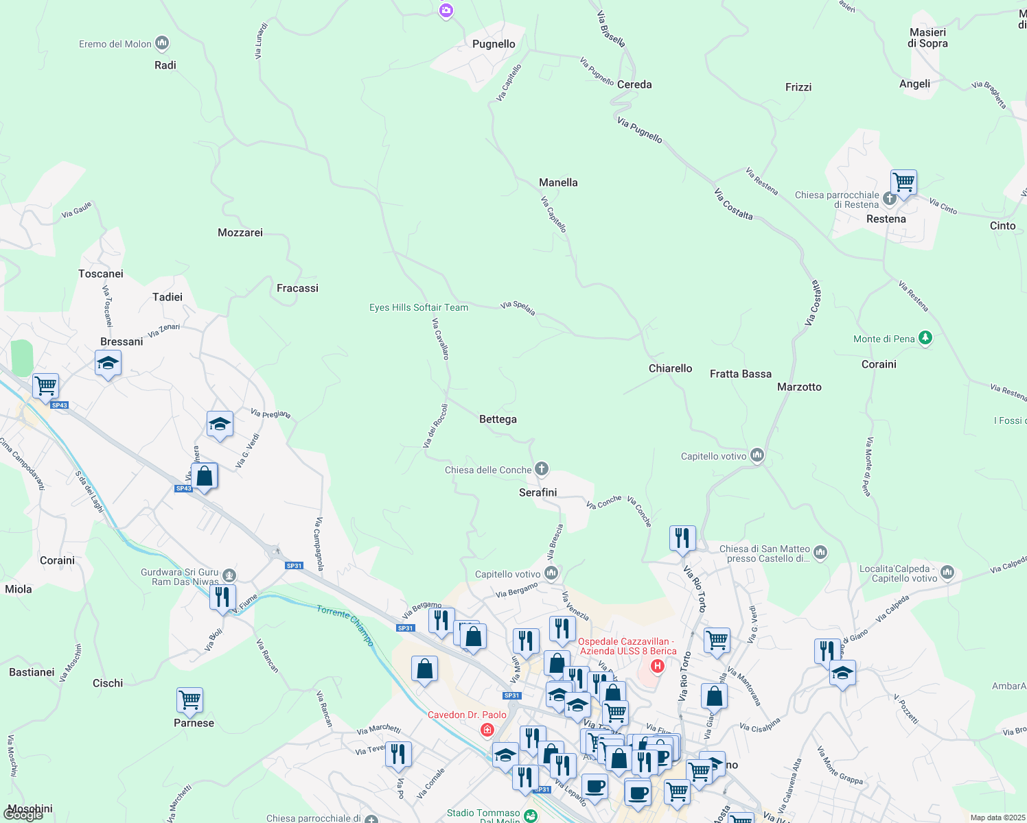 map of restaurants, bars, coffee shops, grocery stores, and more near 364 Via Conche in Bettega