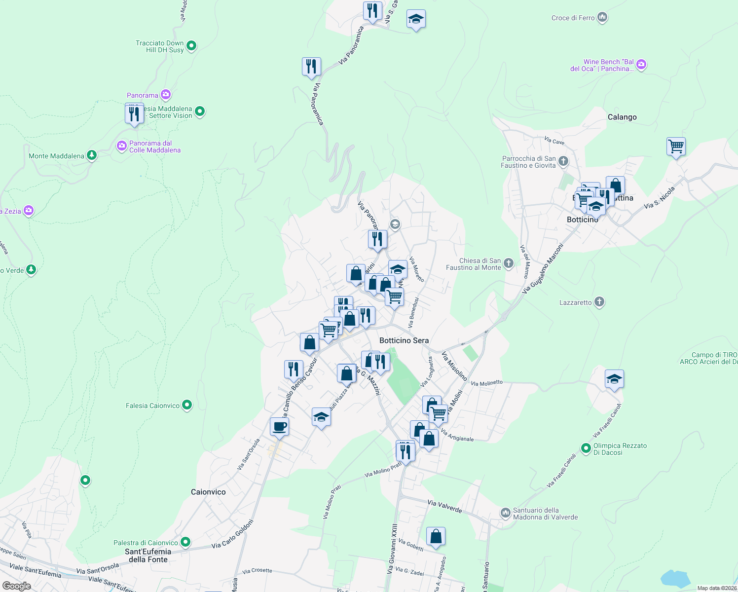 map of restaurants, bars, coffee shops, grocery stores, and more near Via Vincenzo Bellini in Botticino