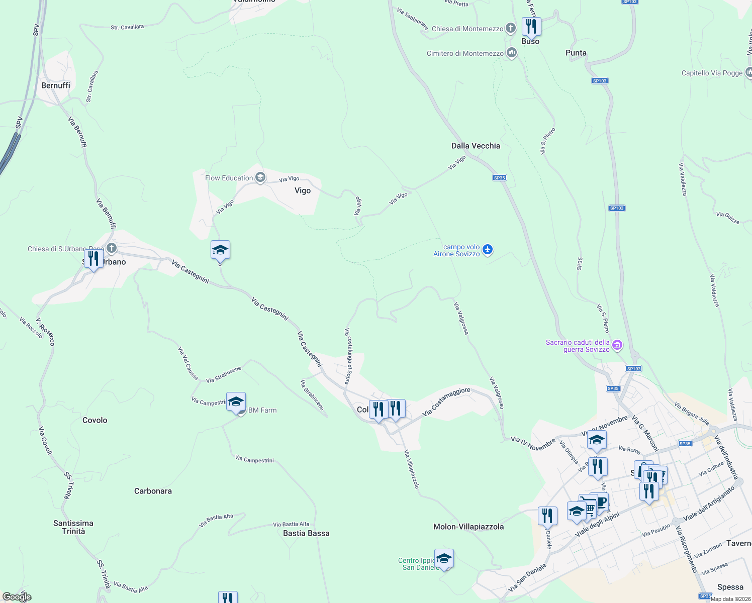 map of restaurants, bars, coffee shops, grocery stores, and more near 33 Via Costalunga Sotto in Provincia di Vicenza