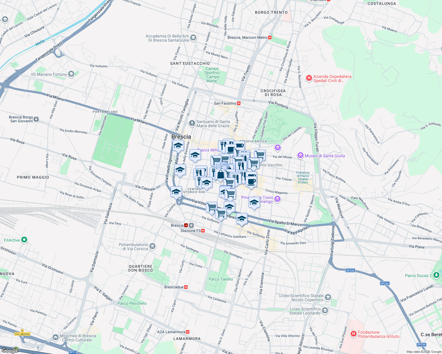 map of restaurants, bars, coffee shops, grocery stores, and more near 1 Vicolo del Carro in Brescia
