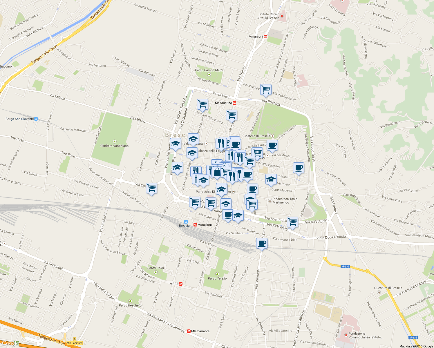 map of restaurants, bars, coffee shops, grocery stores, and more near 1 Vicolo del Carro in Brescia
