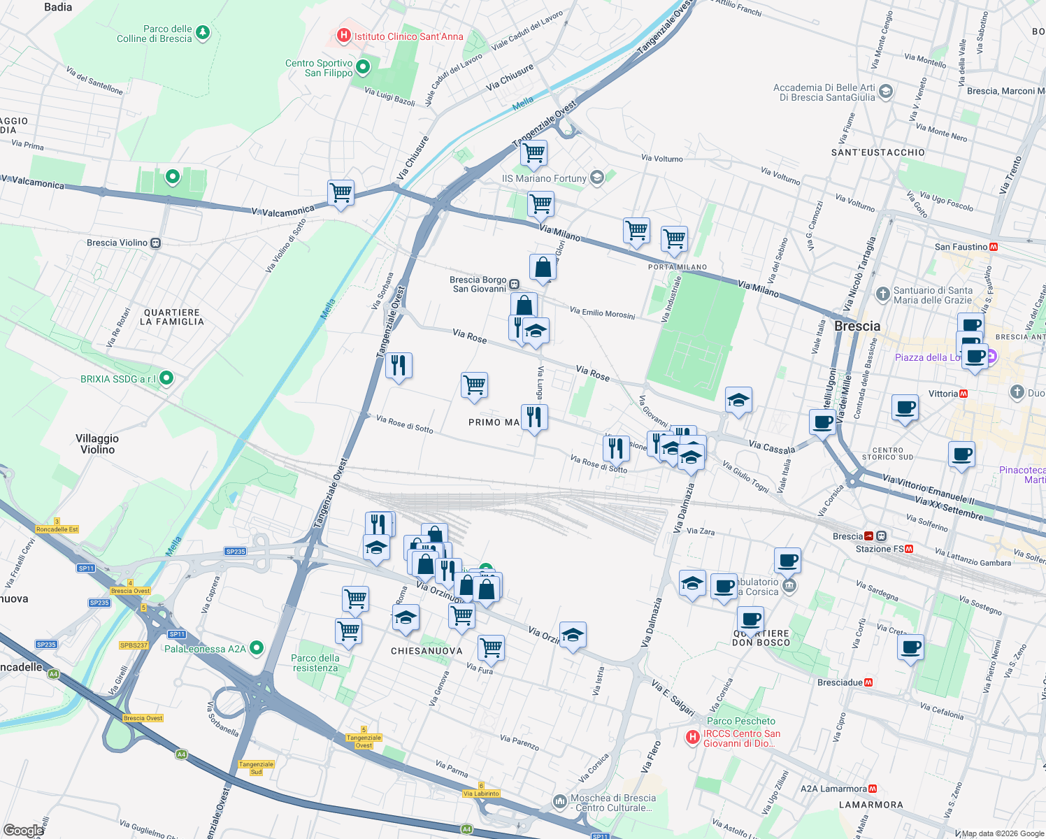 map of restaurants, bars, coffee shops, grocery stores, and more near 16A Via Lunga in Brescia