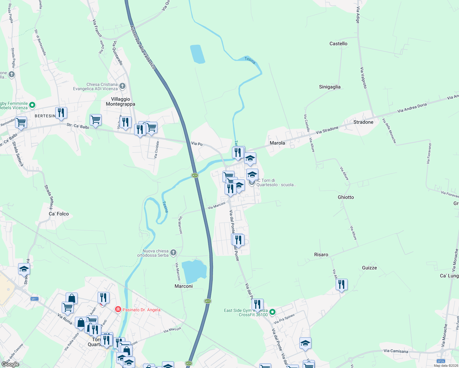 map of restaurants, bars, coffee shops, grocery stores, and more near 191 Via dal Ponte in Marola
