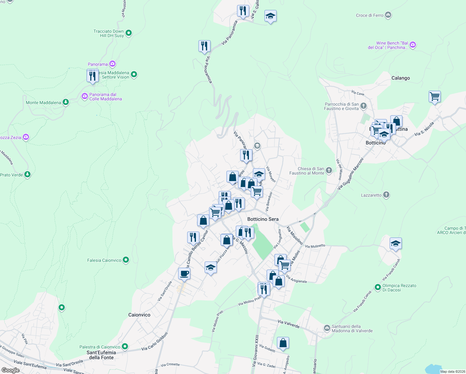 map of restaurants, bars, coffee shops, grocery stores, and more near Via Vincenzo Bellini in Botticino Sera