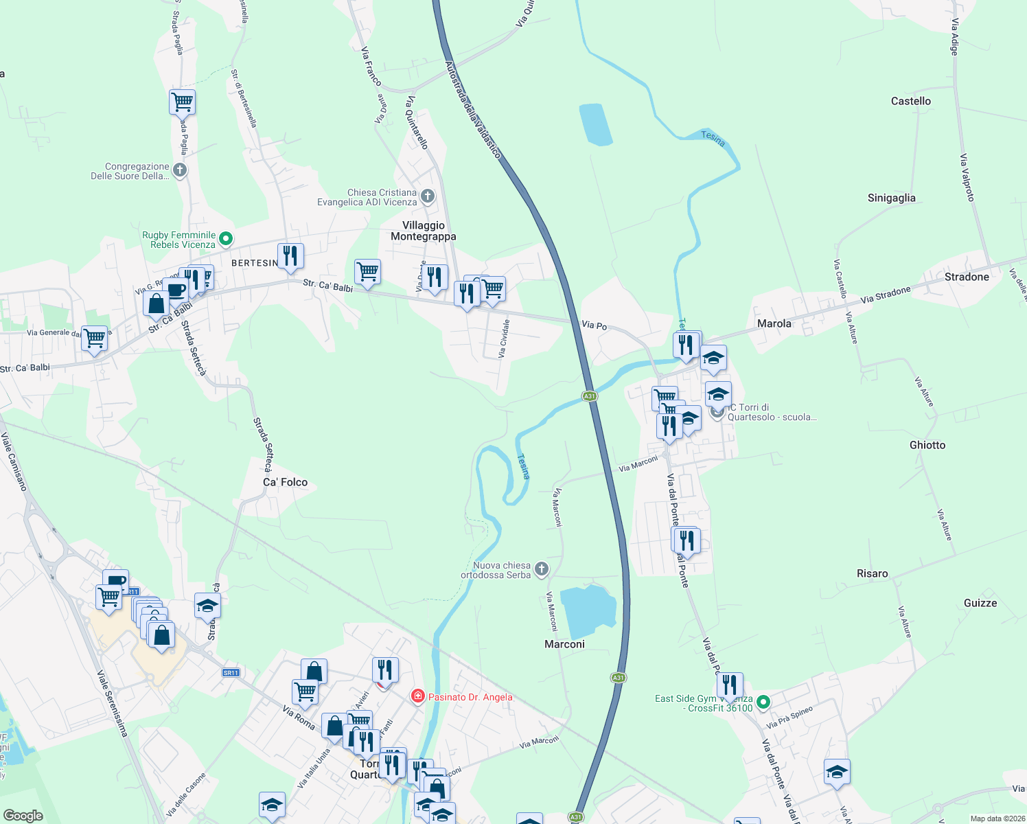 map of restaurants, bars, coffee shops, grocery stores, and more near 2 Via Palù in Provincia di Vicenza