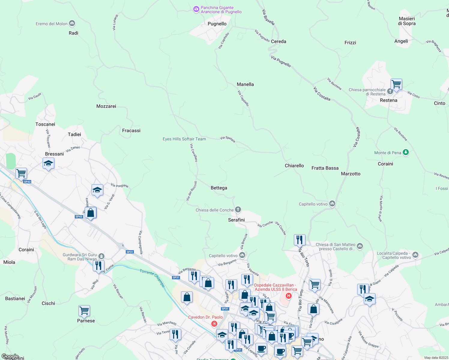 map of restaurants, bars, coffee shops, grocery stores, and more near 364 Via Conche in Bettega