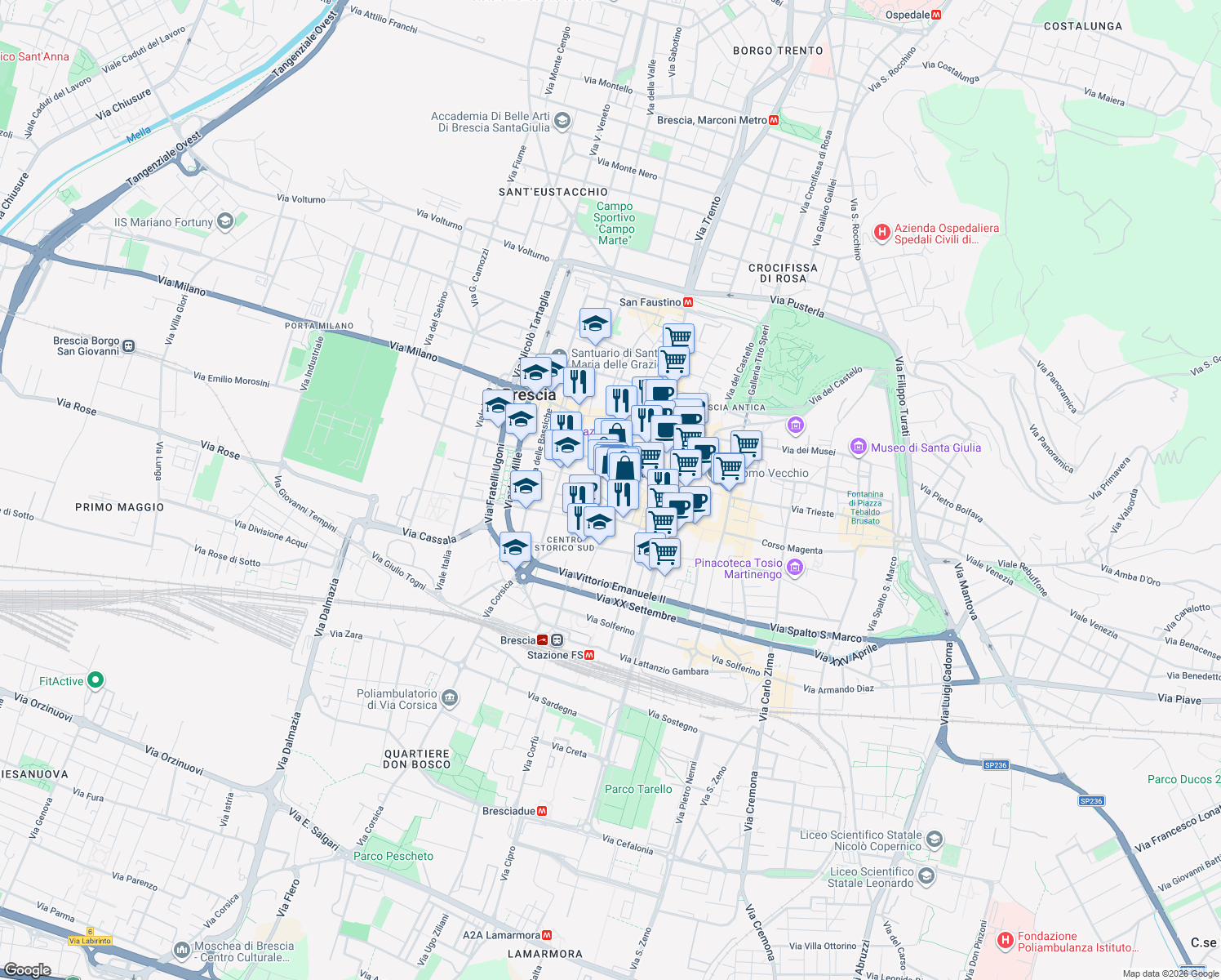 map of restaurants, bars, coffee shops, grocery stores, and more near 6 Via Giacomo Malvezzi in Brescia