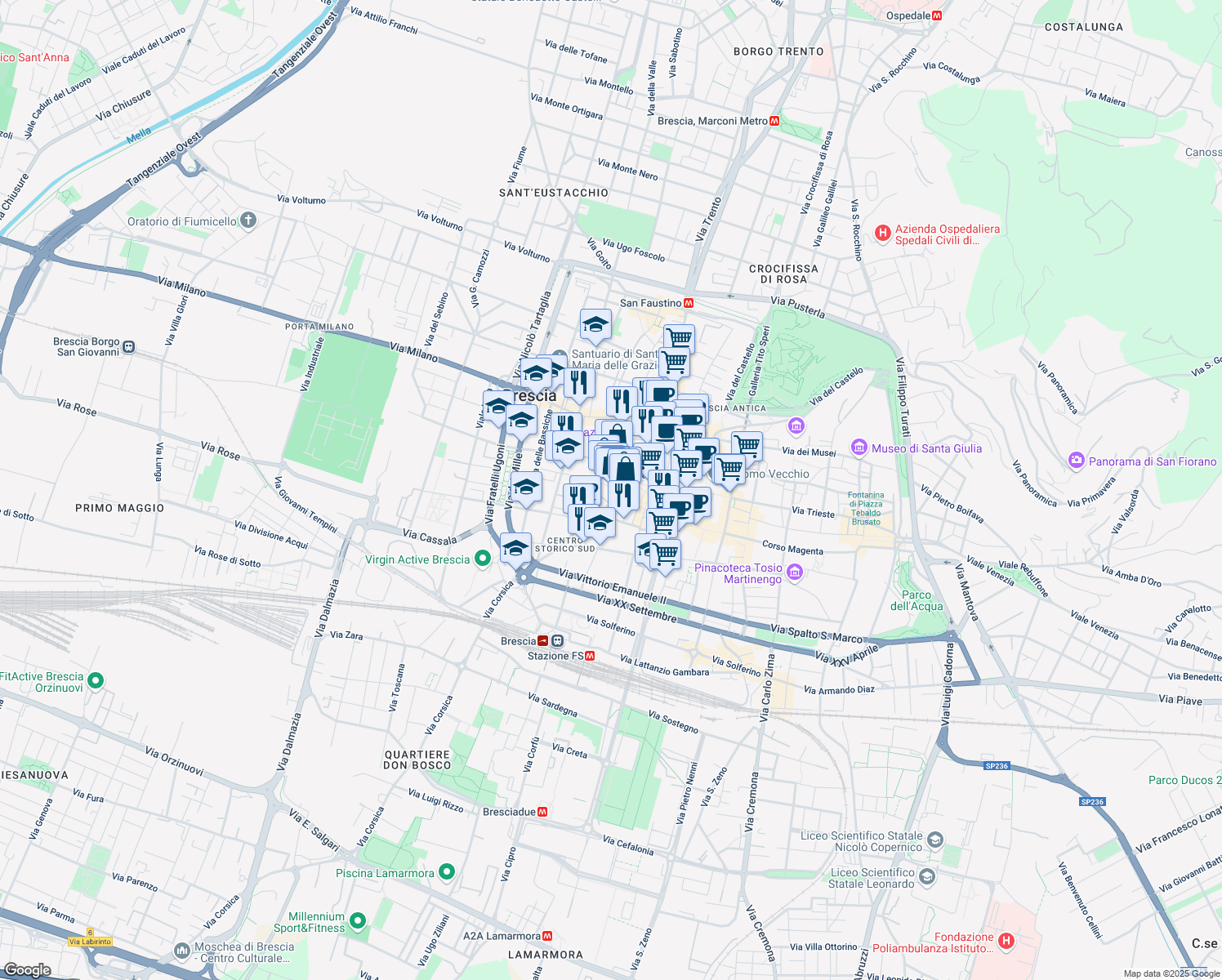 map of restaurants, bars, coffee shops, grocery stores, and more near 6 Via Giacomo Malvezzi in Brescia
