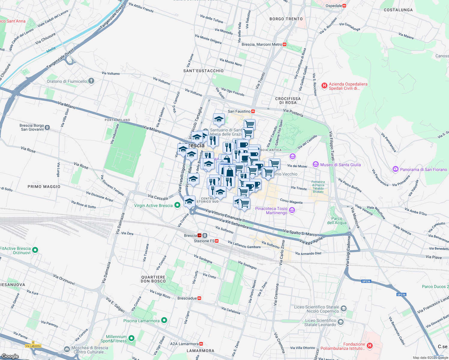 map of restaurants, bars, coffee shops, grocery stores, and more near 14 Via Dante Alighieri in Brescia