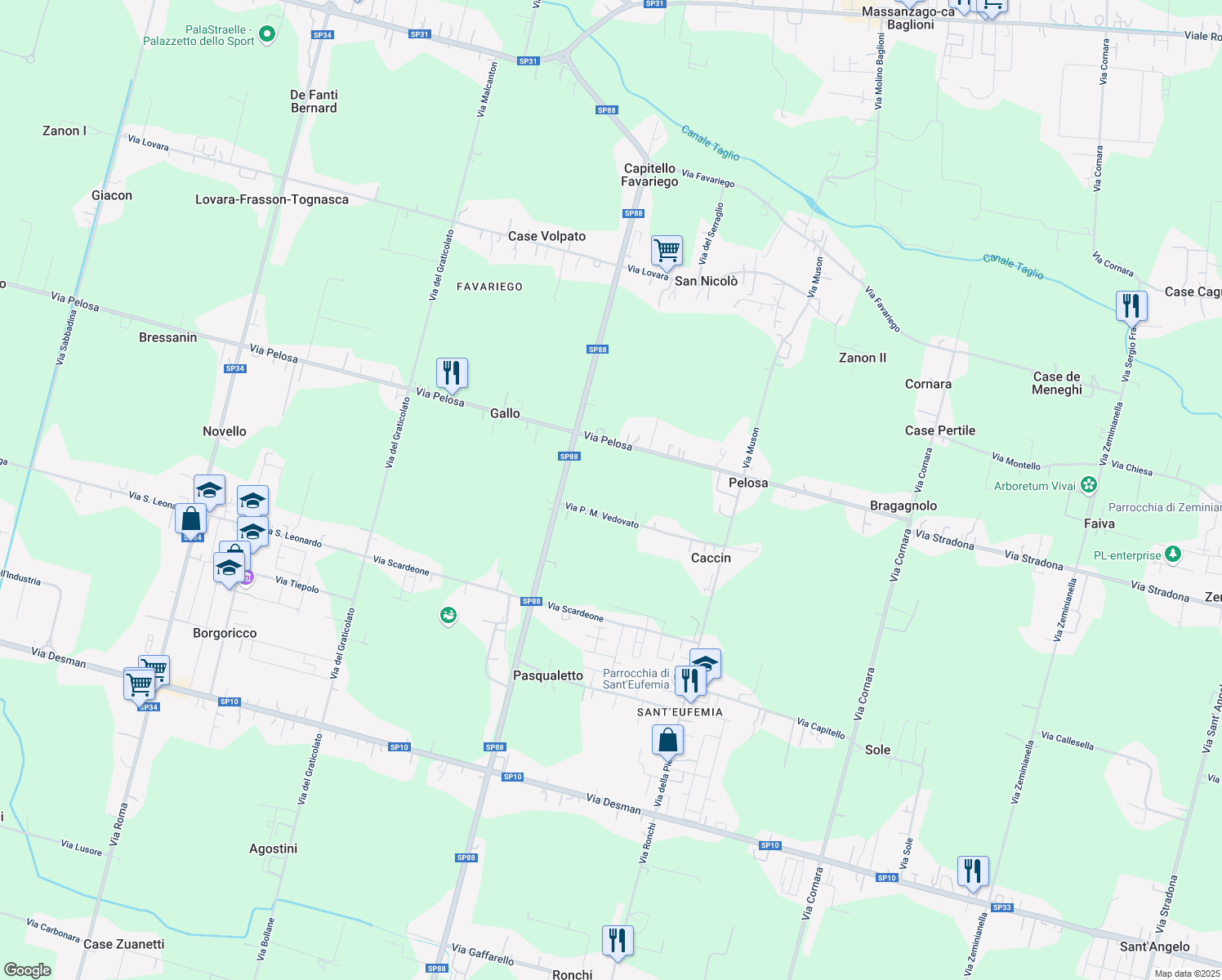 map of restaurants, bars, coffee shops, grocery stores, and more near 74 Via Pelosa in Gasparini