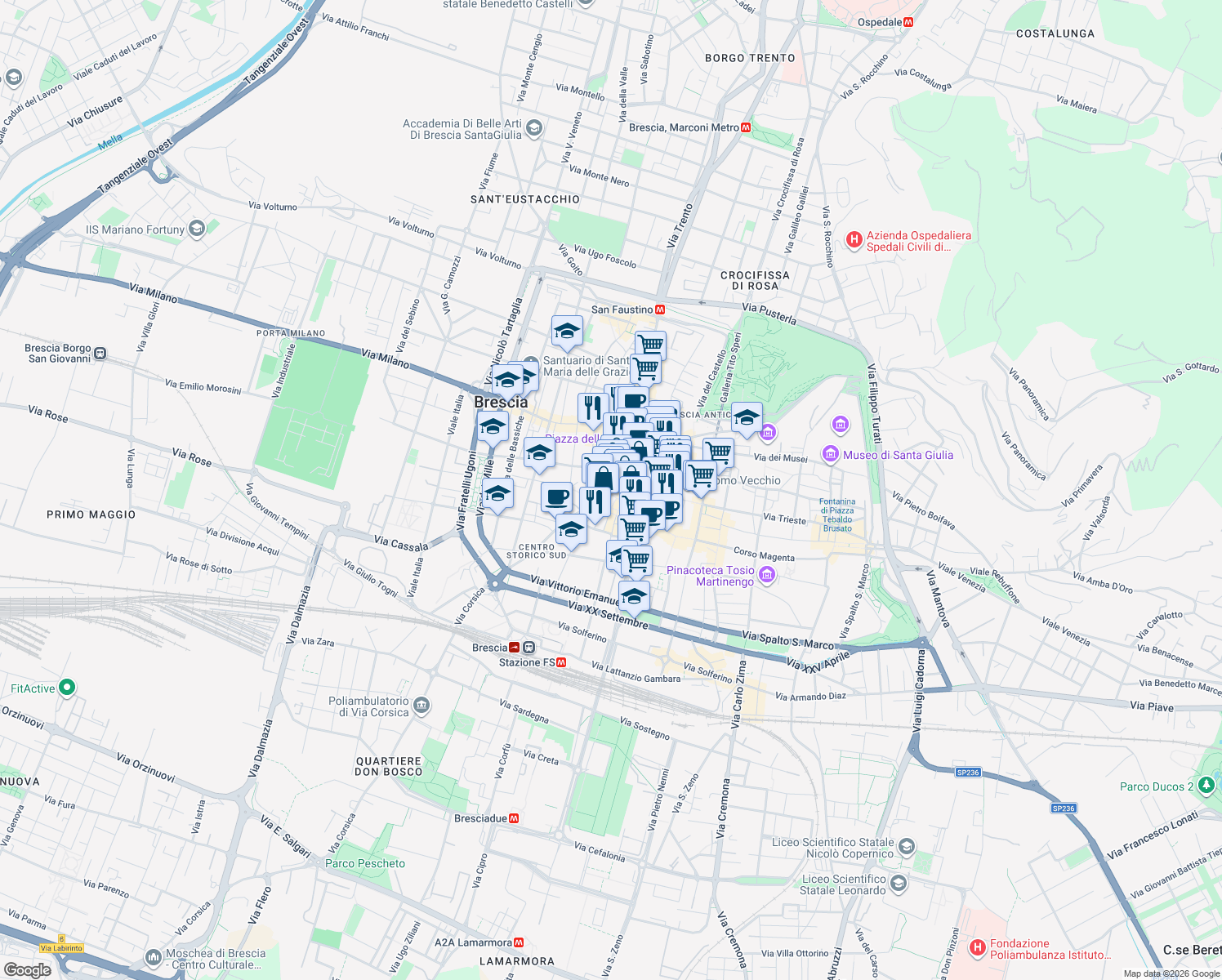 map of restaurants, bars, coffee shops, grocery stores, and more near 4 Vicolo della Costanza in Brescia
