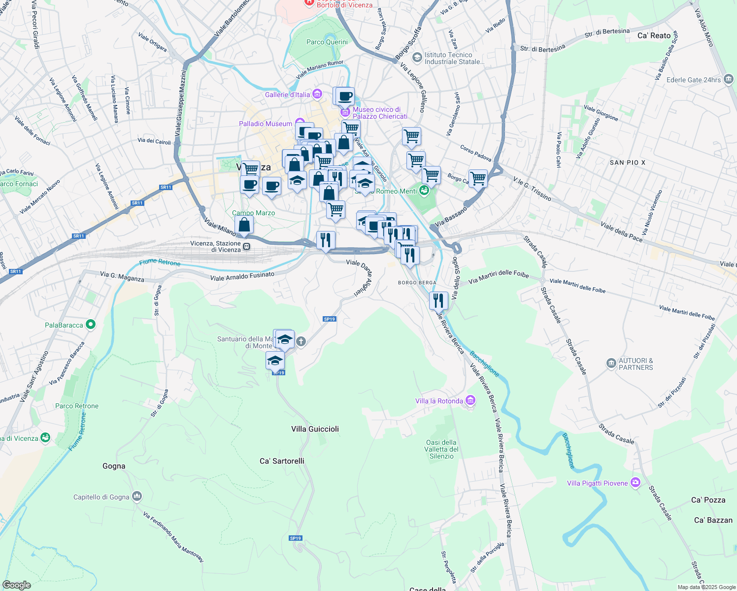 map of restaurants, bars, coffee shops, grocery stores, and more near 2 Viale Massimo D'Azeglio in Vicenza