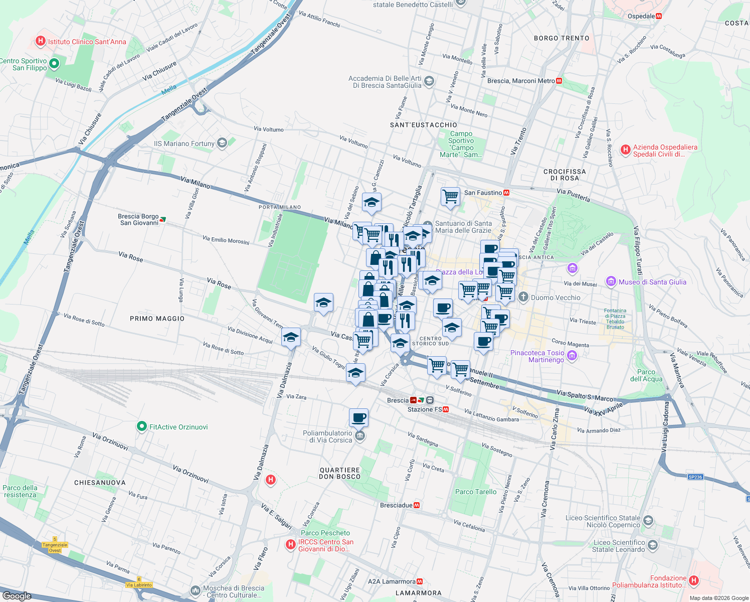 map of restaurants, bars, coffee shops, grocery stores, and more near 6 Via Antonio Tagliaferri in Brescia