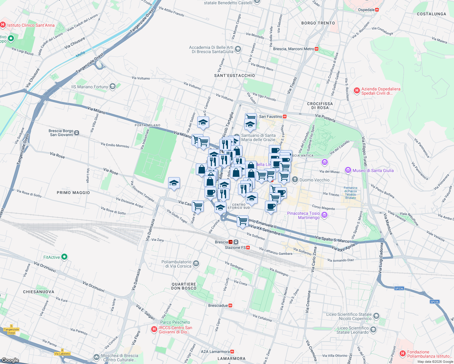 map of restaurants, bars, coffee shops, grocery stores, and more near 36 Contrada delle Bassiche in Brescia