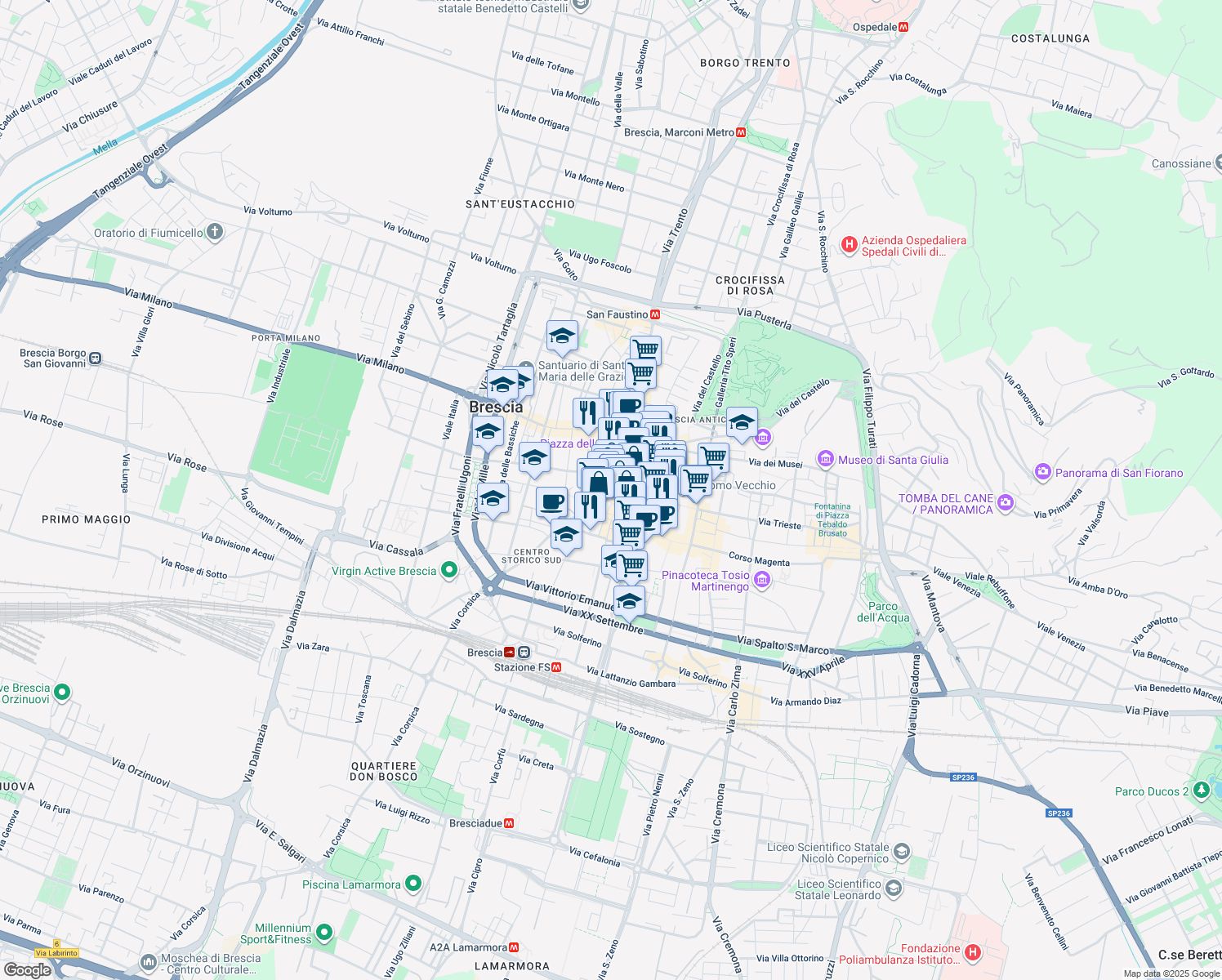 map of restaurants, bars, coffee shops, grocery stores, and more near 4 Vicolo della Costanza in Brescia